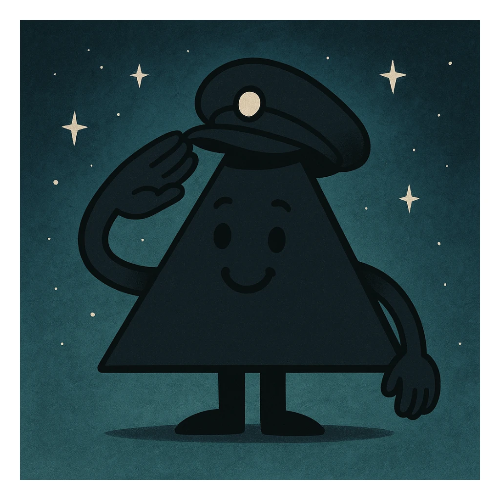 A magical isosceles triangle that is smiling and saluting with a cap with a background sticker