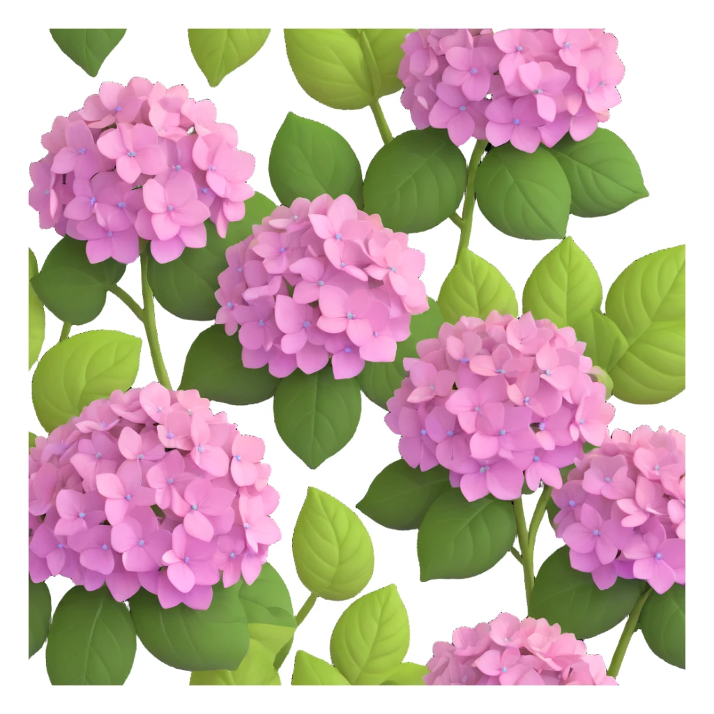 Charming hydrangea flower with kawaii style, soft rounded flower clusters in pretty pastel colors, and cute green leaves sticker