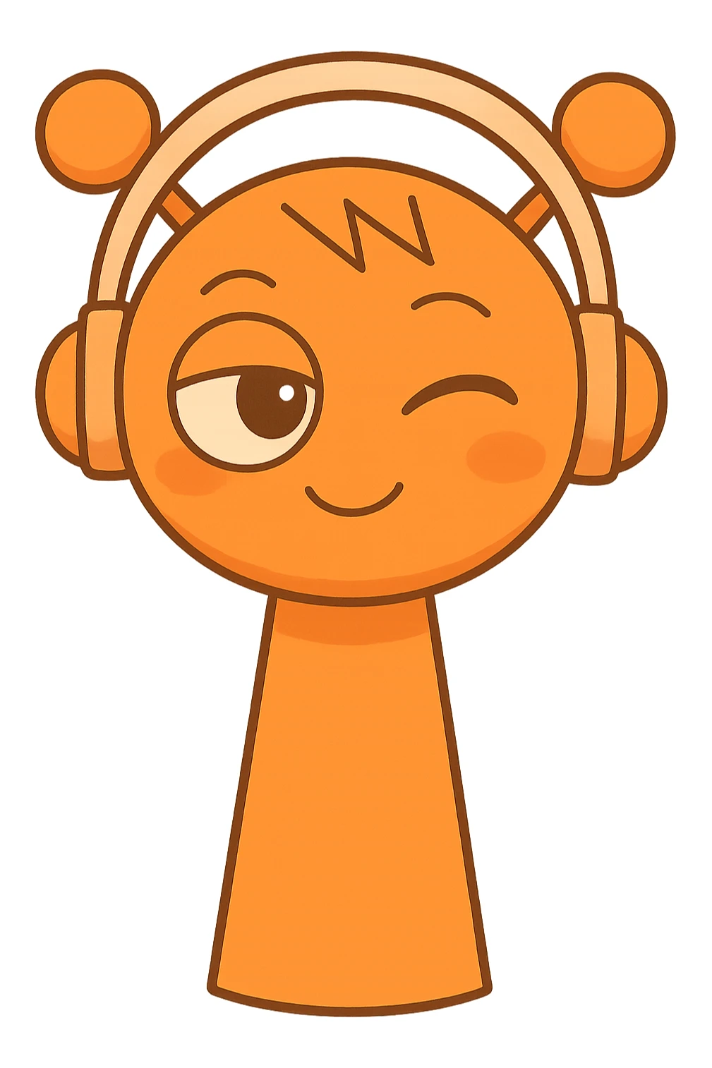 Change the orange character with headphones to a winking playful expression, in chibi stickers style, transparent background. sticker