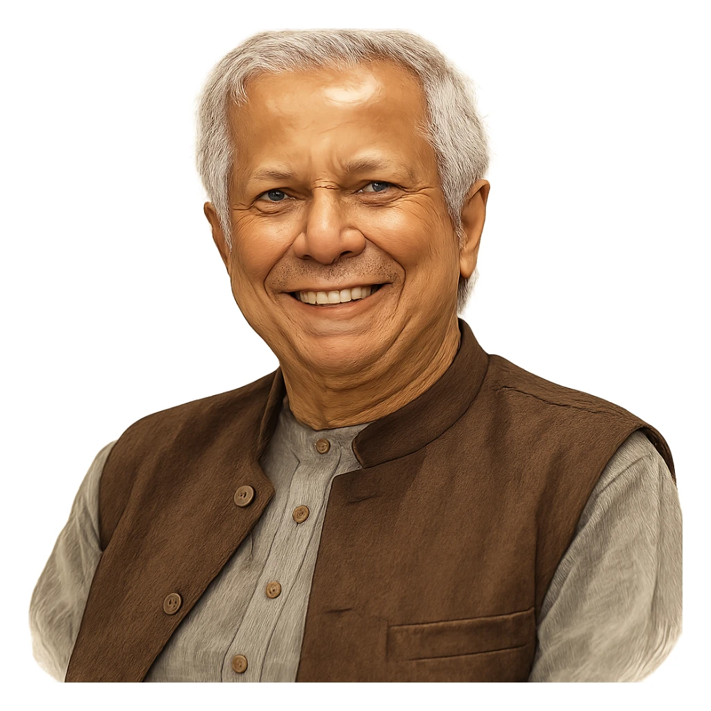 Мухамма́д Юну́с в слегка рисованном, но при это объемный стиль, прозрачный фон sticker