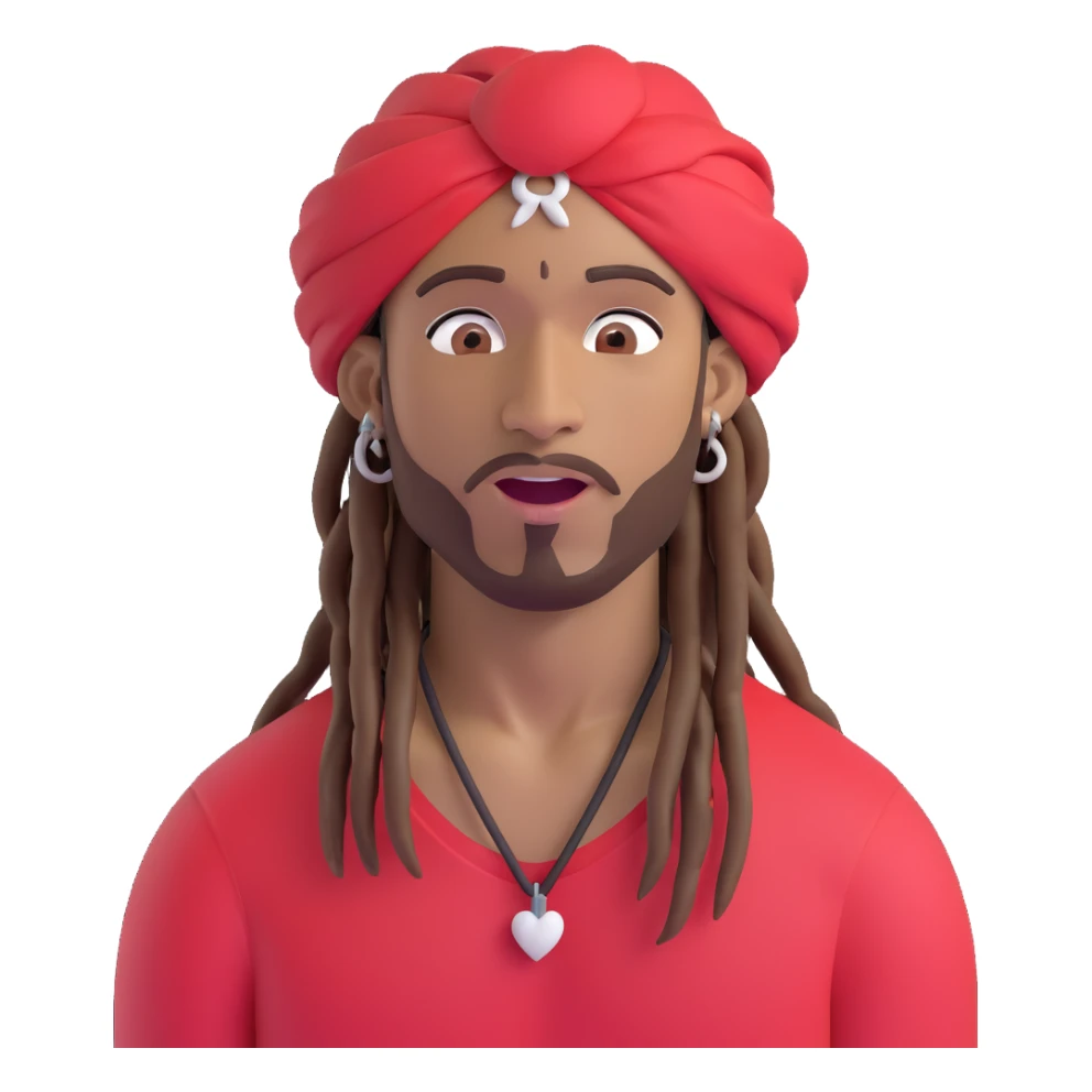 Brownskin man with long brown dreadlocks 
red t-shirt 
white turban 
expression is in love 
his eyes mouth open  sticker