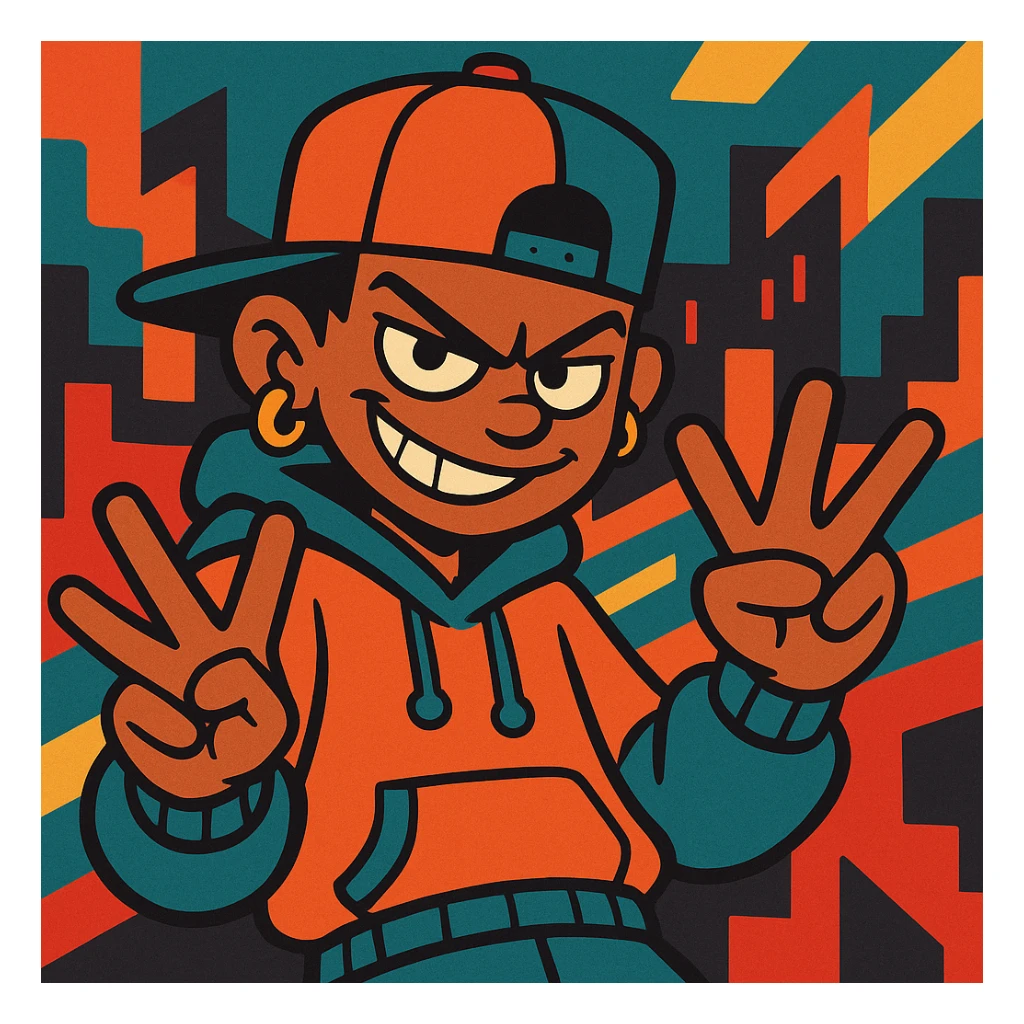 mischievous character with a smirk, both hands showing the YVL hand sign, hip-hop style, energetic vibe, urban color palette sticker
