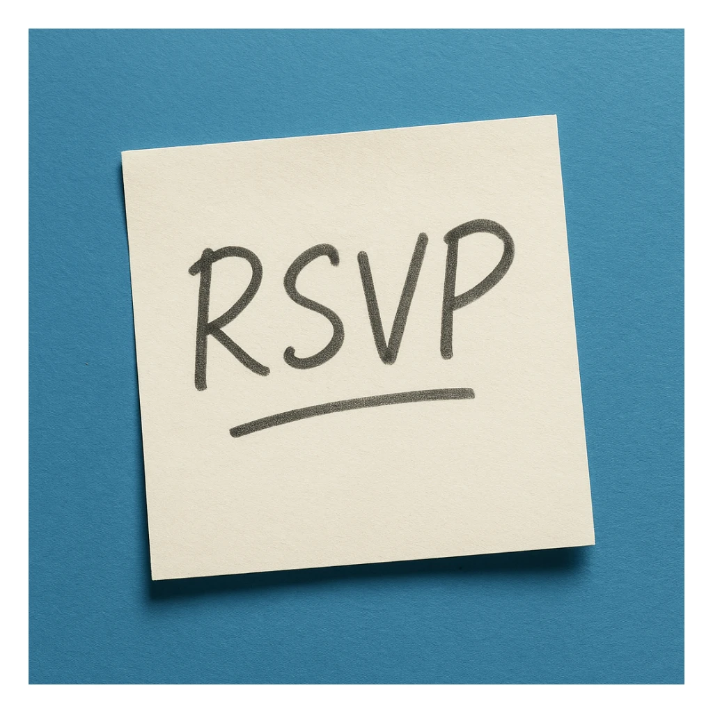 a paper note with RSVP written on it, casual handwriting, blue background sticker