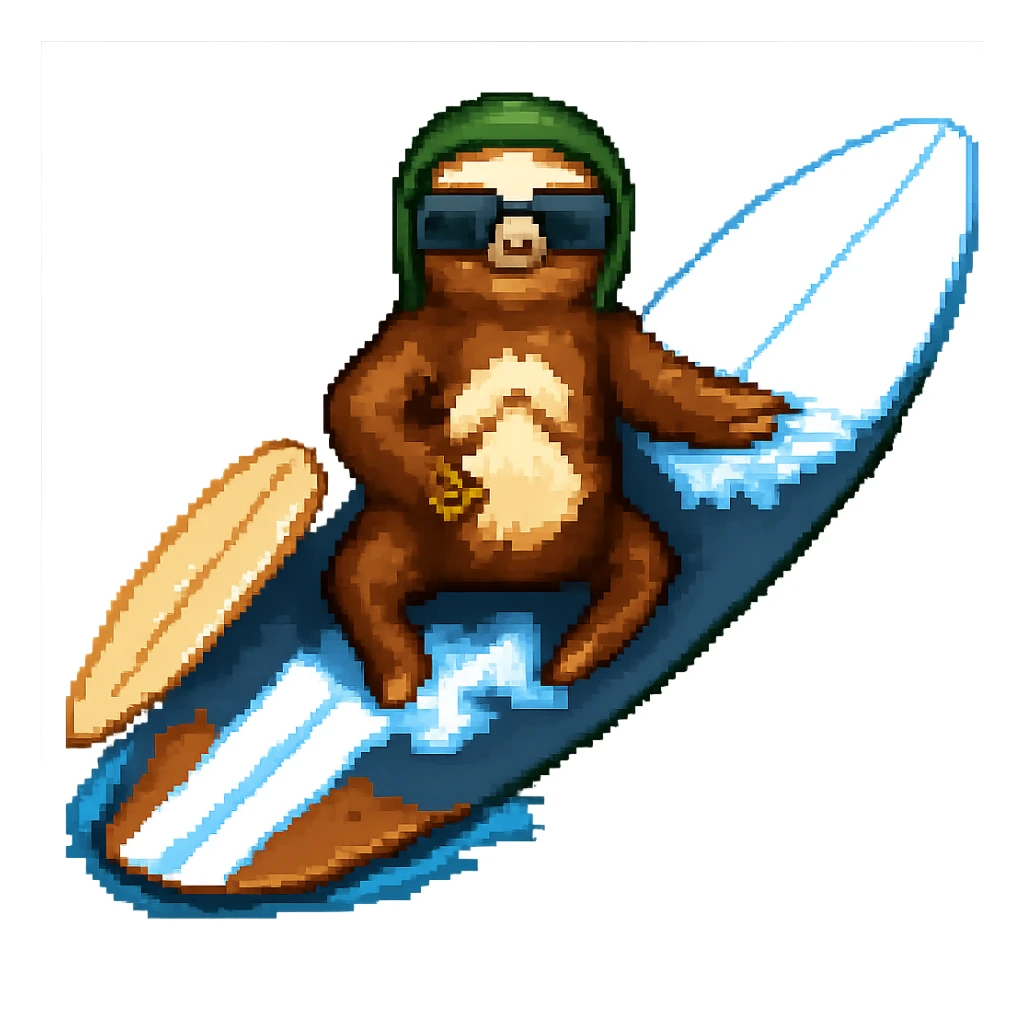 Add sunglasses to the sloth while surfing in pixel art style. Remove the background. sticker