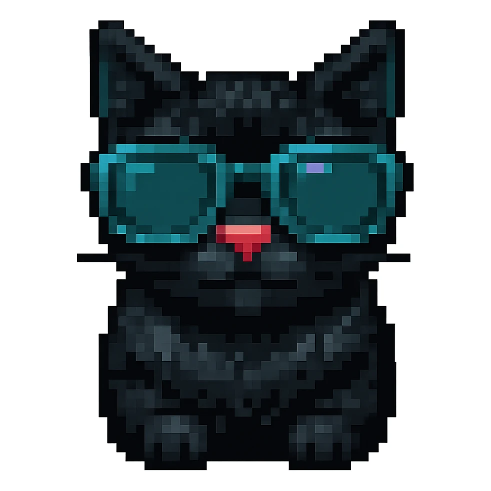 Make the cat black while keeping the sunglasses, in pixel art style, with no background. sticker
