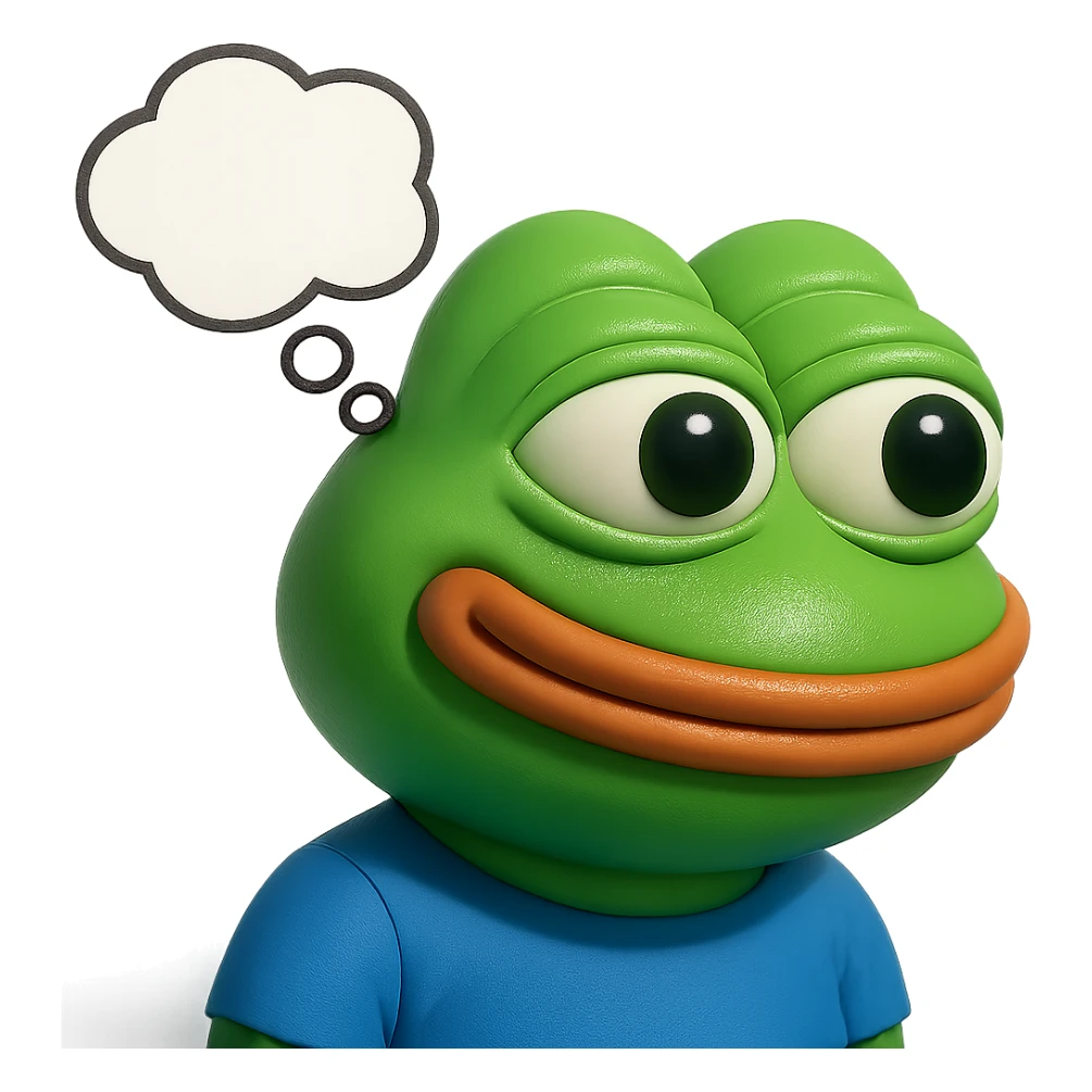 make a pepe in bright green smiling with thought bubble looking at right left in 3d style, good highlights and shadows, drop shadows sticker