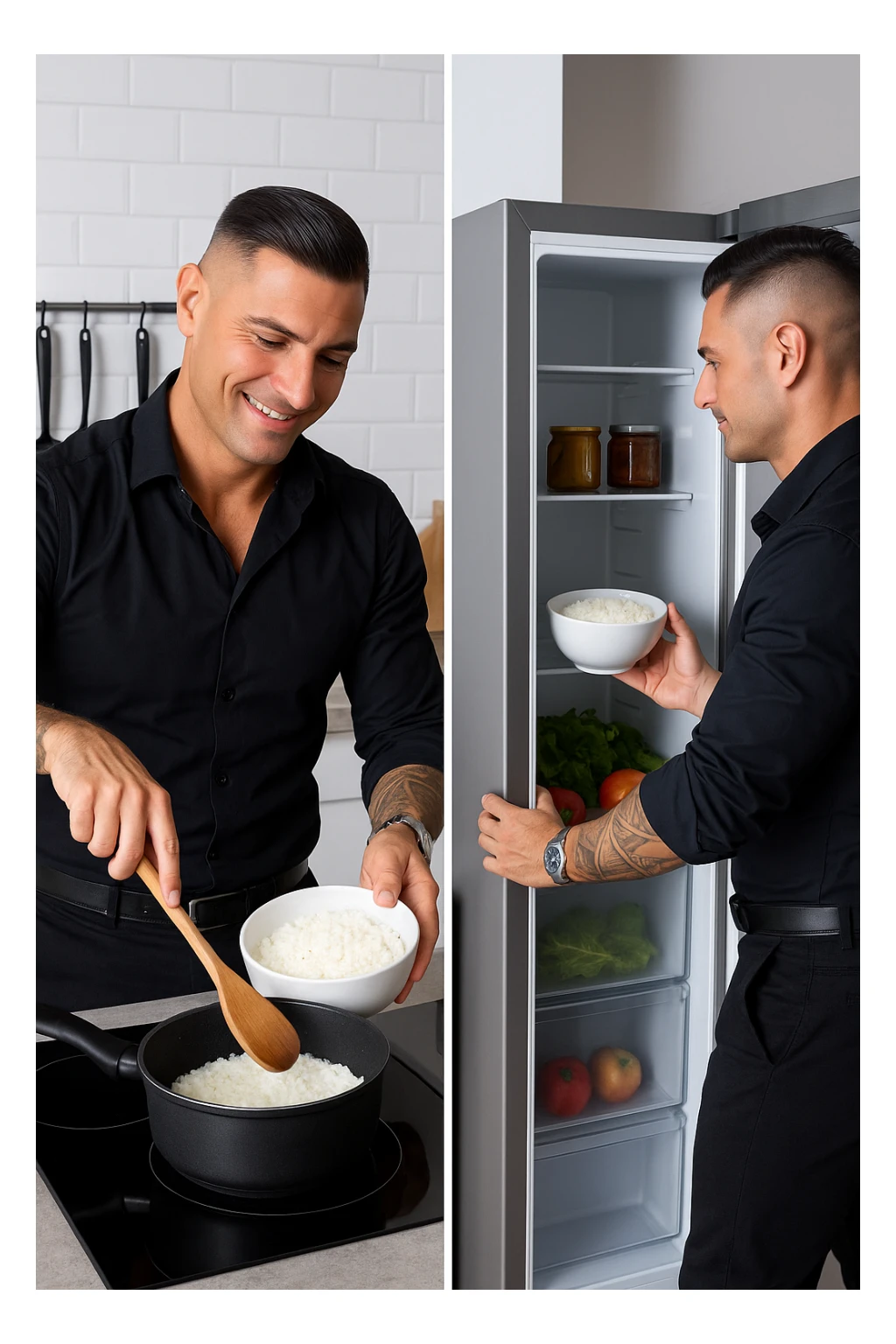 Uomo che cucina riso e mette la ciotola poi nel frigo sticker