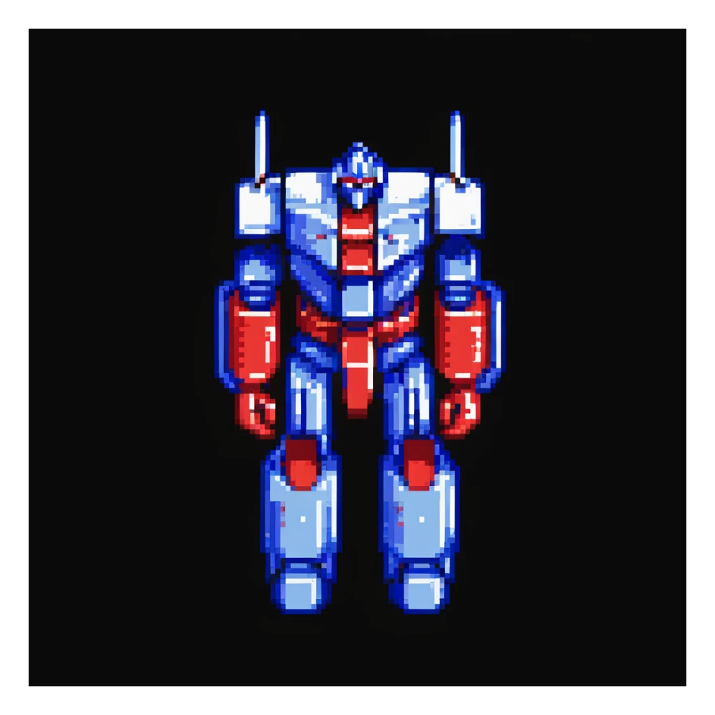 Optimus Prime, pixel art style, blocky shapes, classic red and blue, no text sticker