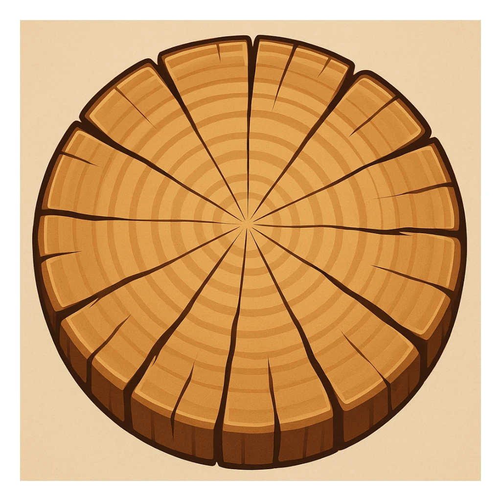 Create a top view of this tree stump, keeping the same wood pattern, color, and cartoon style as the reference image. Variant 3. sticker