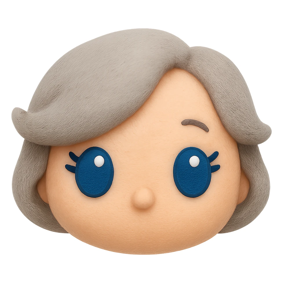 Remove any neck or body, make the blue eyes more vibrant and lively, keep soft fleece texture, pure silver grey hair styled in a 1940s bob, cute plush-style eyelashes, no mouth, no white border, transparent background. Maintain a cute plush style with soft fleece texture and vibrant blue eyes. sticker