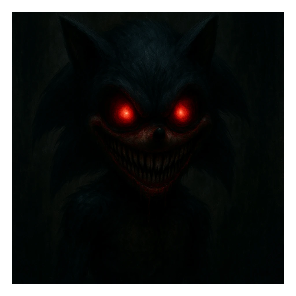 scary Sonic.exe character, horror style, glowing red eyes, menacing grin, dark atmosphere sticker