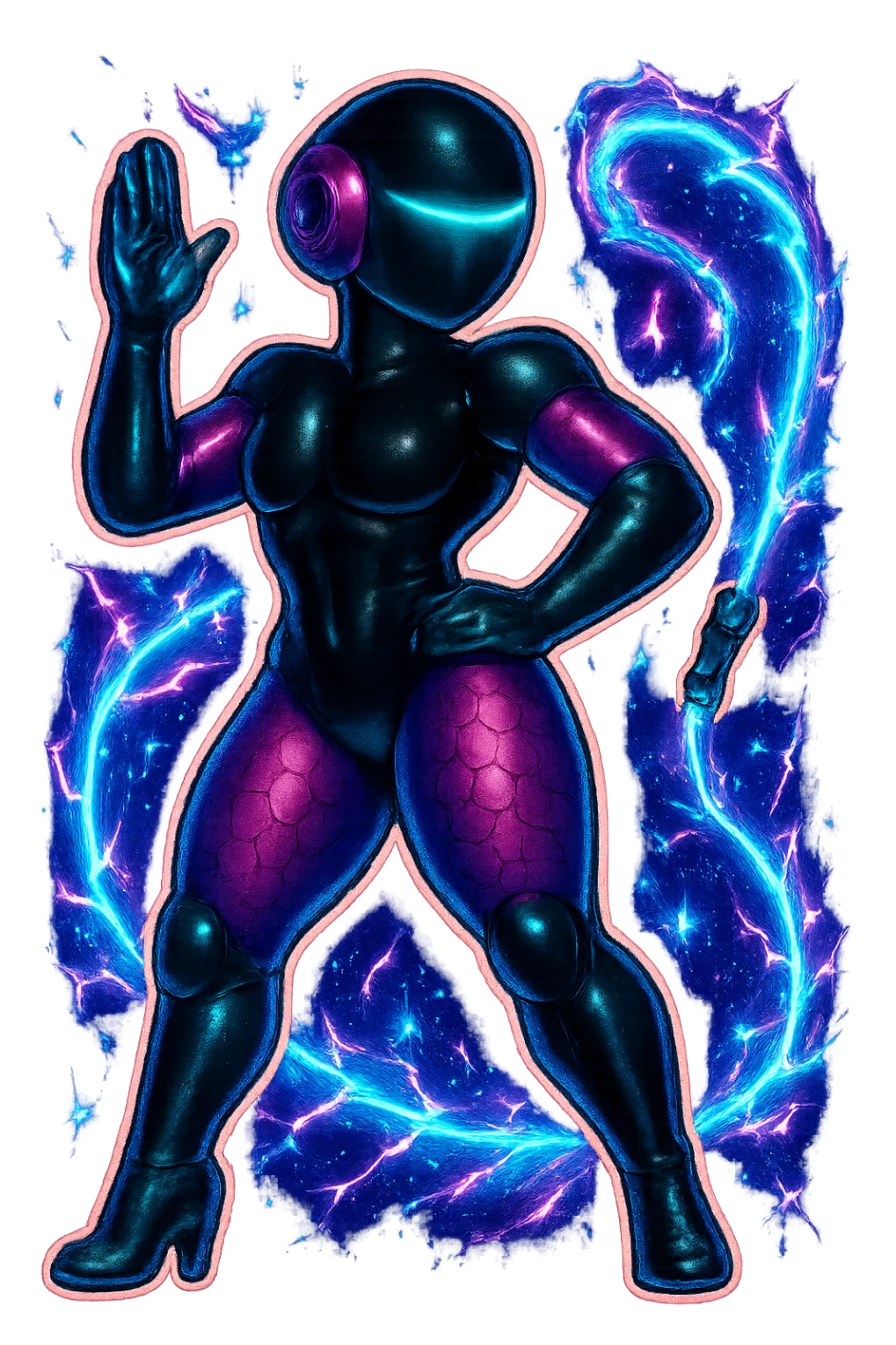 Add electric effects, lightning arcs and glowing sparks around the female robot, keep the retro sticker style, glossy black and purple, transparent background. sticker