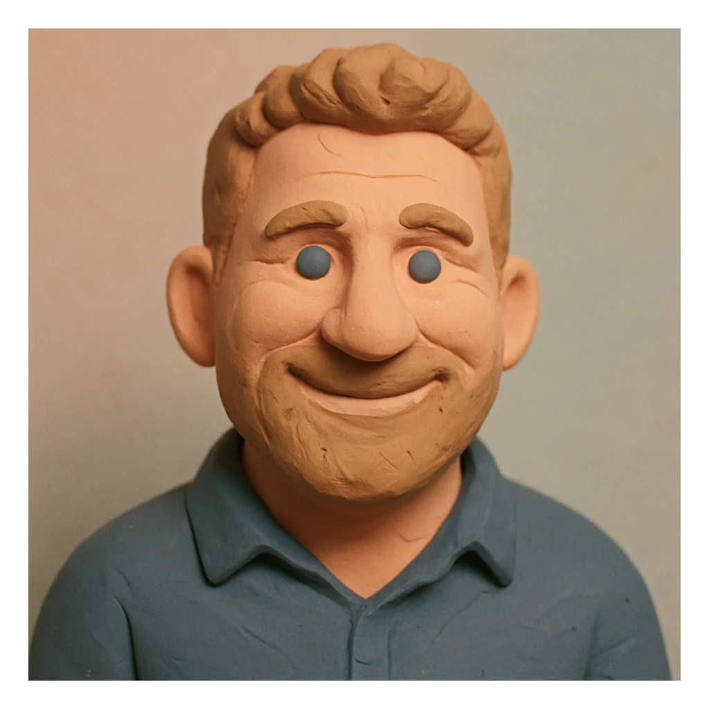 Create a claymation-style portrait emoji based on the person in the reference image, looking a bit younger with a friendly expression. Use pastel colors and ensure visible clay texture. Focus on head and shoulders only. sticker