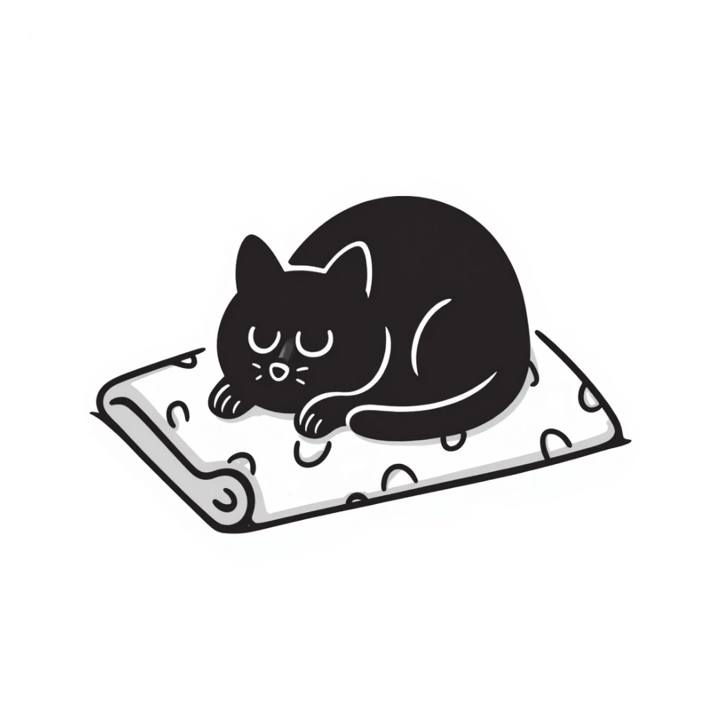 a cozy cat, curled up on a blanket, hand-drawn doodle style sticker