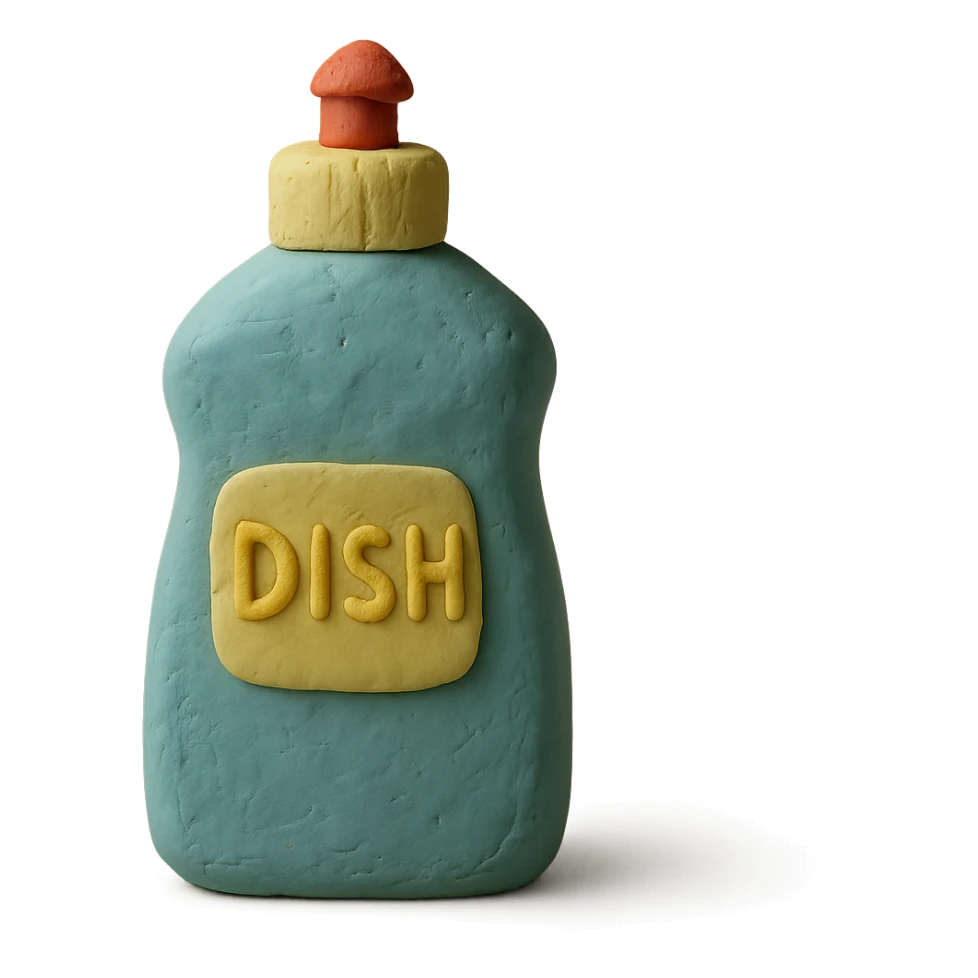 dish soap bottle in claymation style, pastel colors, visible fingerprints, soft matte finish sticker