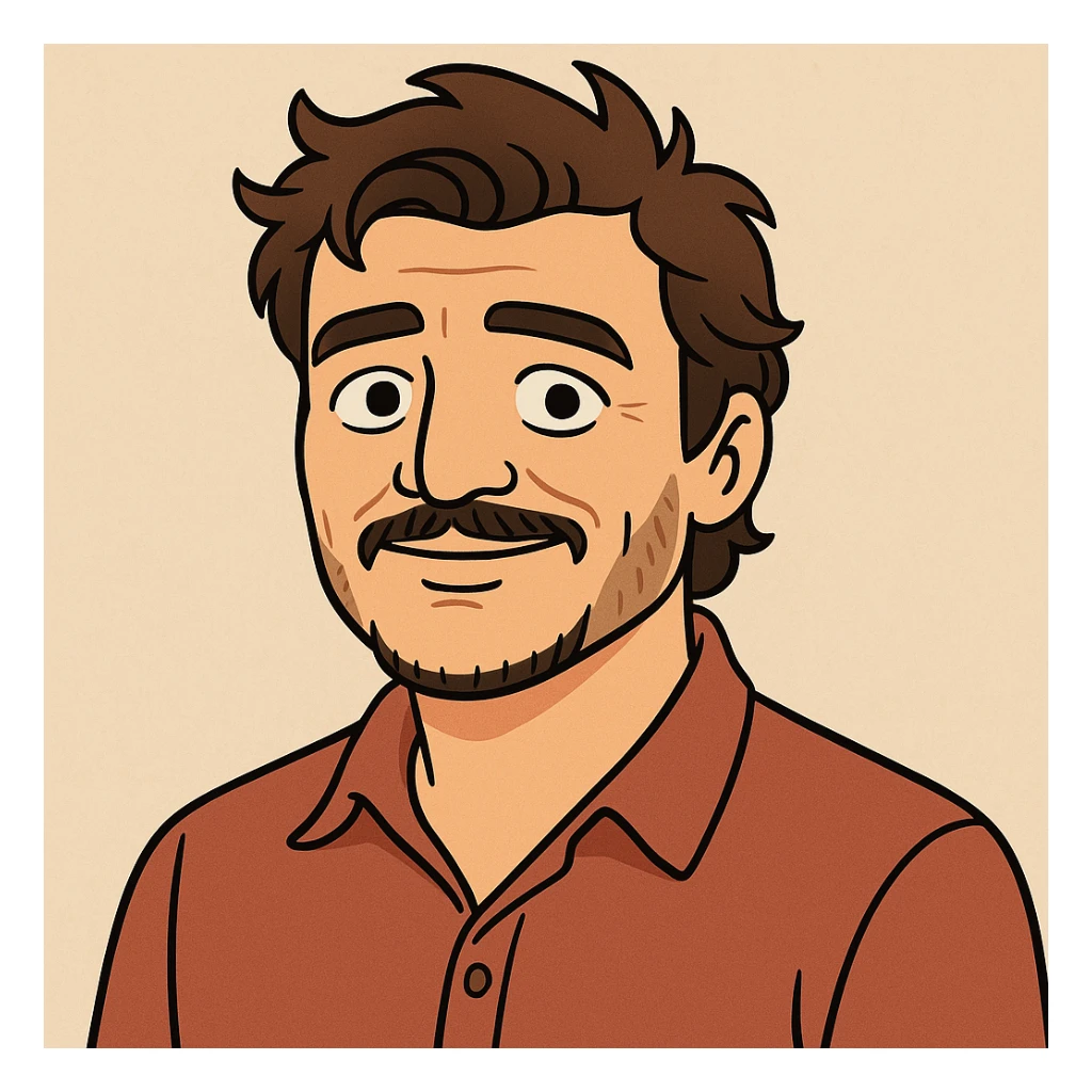 cartoon style portrait of Pedro Pascal with friendly expression sticker