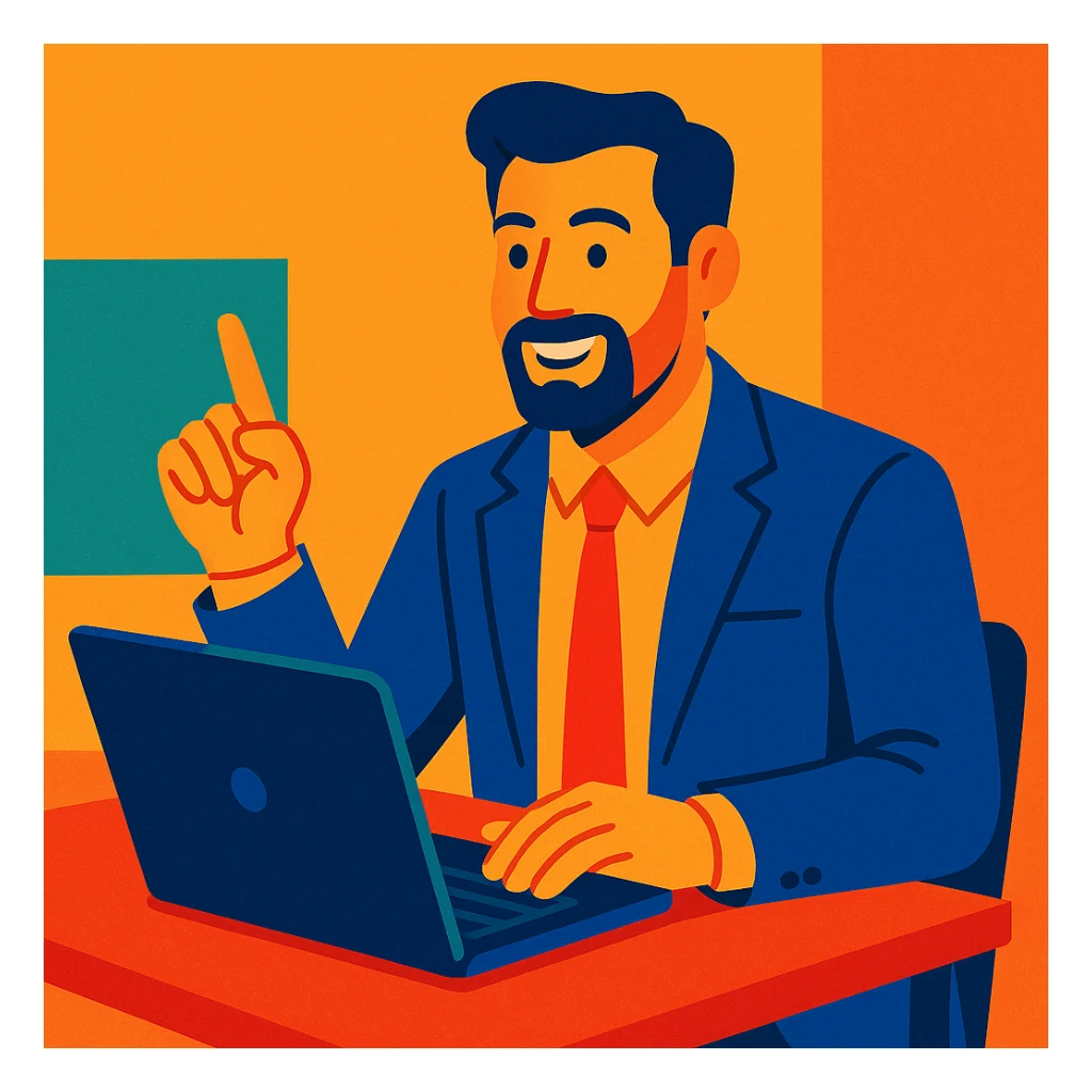 A 35-year-old male business coach sitting at a table with a laptop sticker