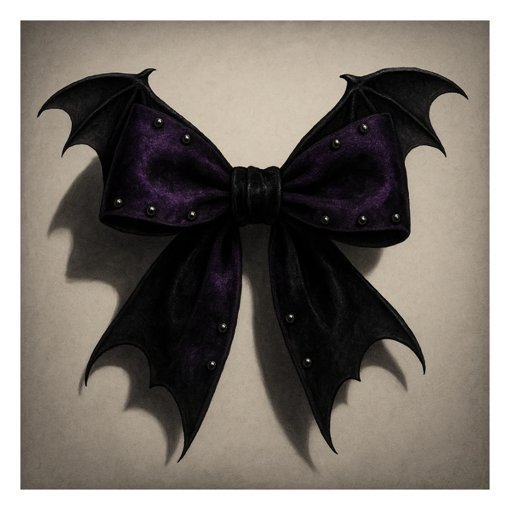 goth bow with velvet texture, deep purple and black, silver studs, dramatic shadows, bat wings sticker