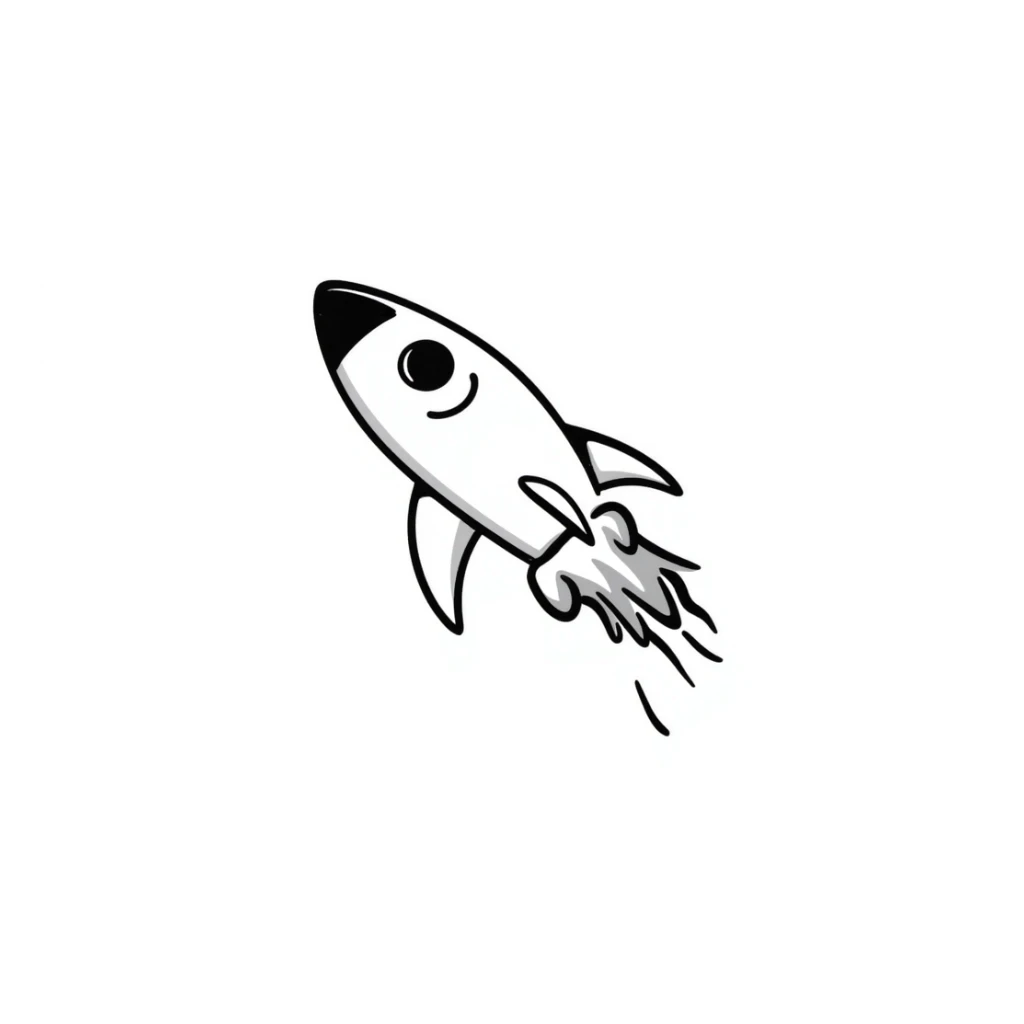 A hand-drawn toy rocket with a silly grinning face and flame trail sticker