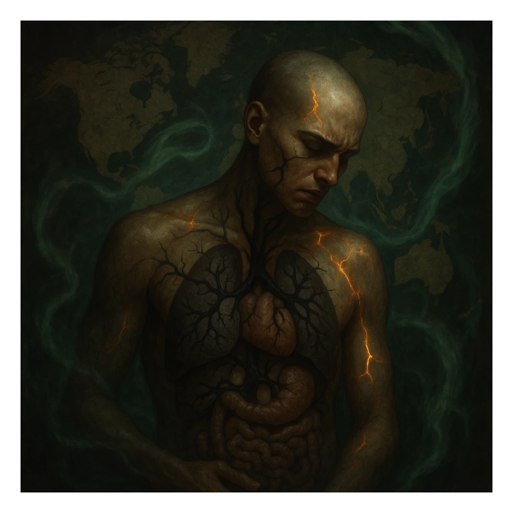 semi-realistic, allegorical human figure, dark atmosphere, dramatic lighting, black parasites branch to organs, world map, glowing fissures, green mist, systemic impact sticker