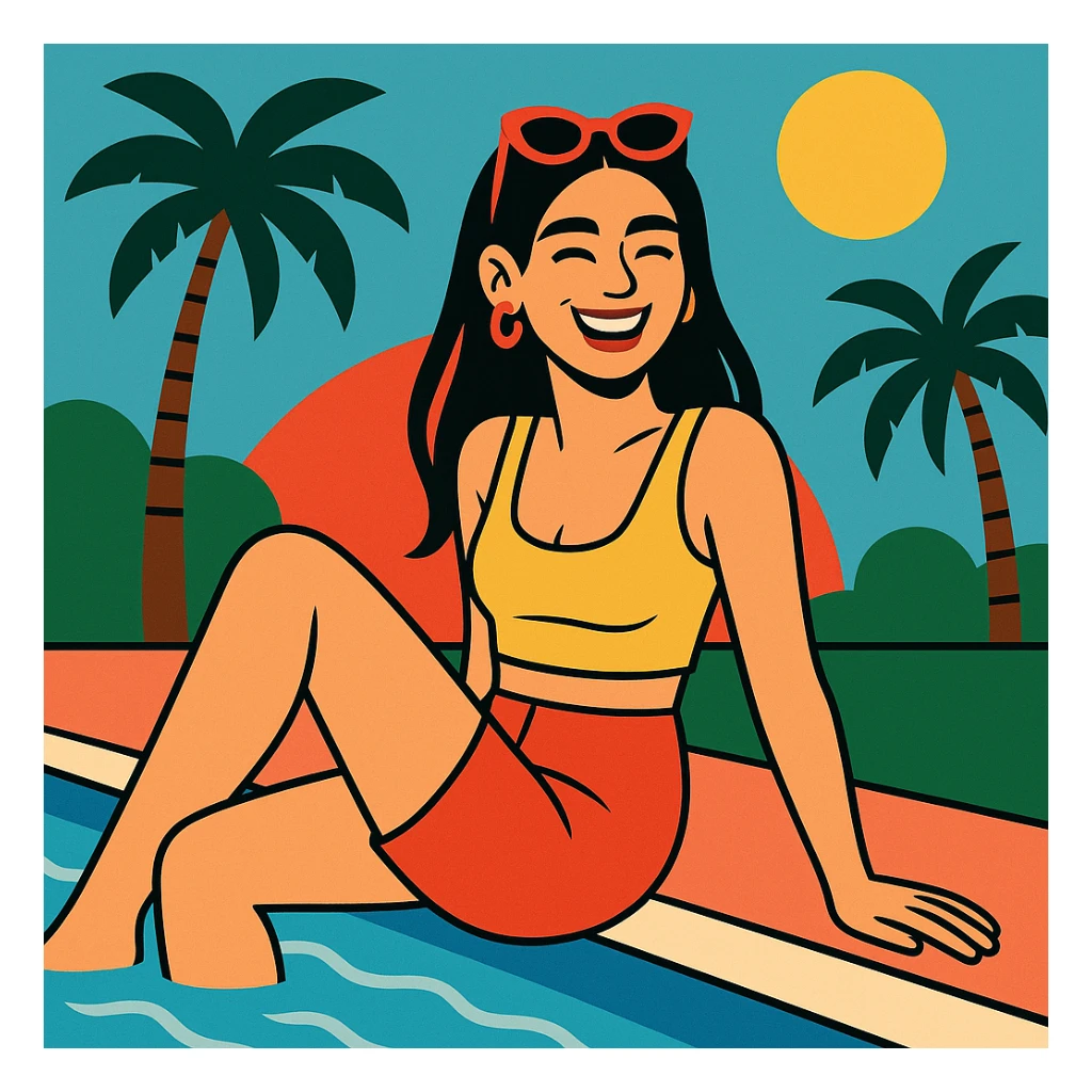 Dua Lipa relaxing by the pool, summer outfit, cheerful, palm trees sticker