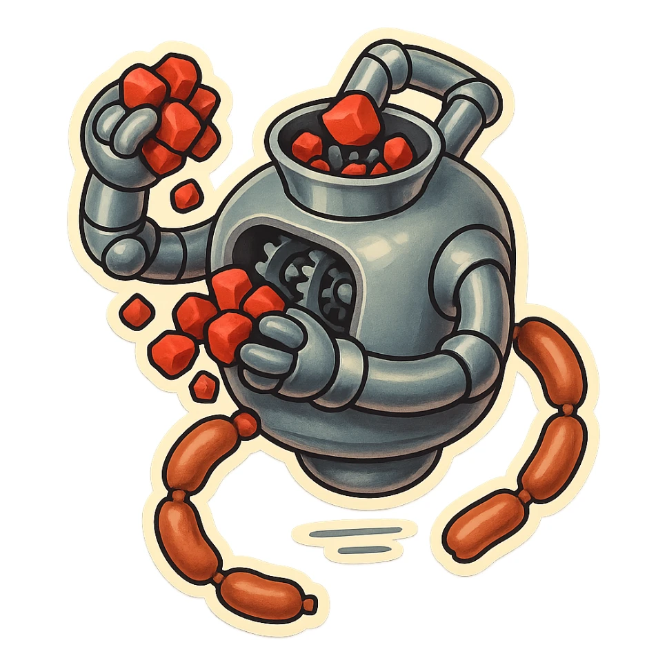hovering robot. stuffs material into large hole on its top with arms. hole is where neck and head would be. spinning gears and blades  grind red chunks. sausage links come our of hole on backside.  3/4 view. between realism and cartoon. well lit. no dramatic lighting. metallic robot. works diligently. dark humor sticker