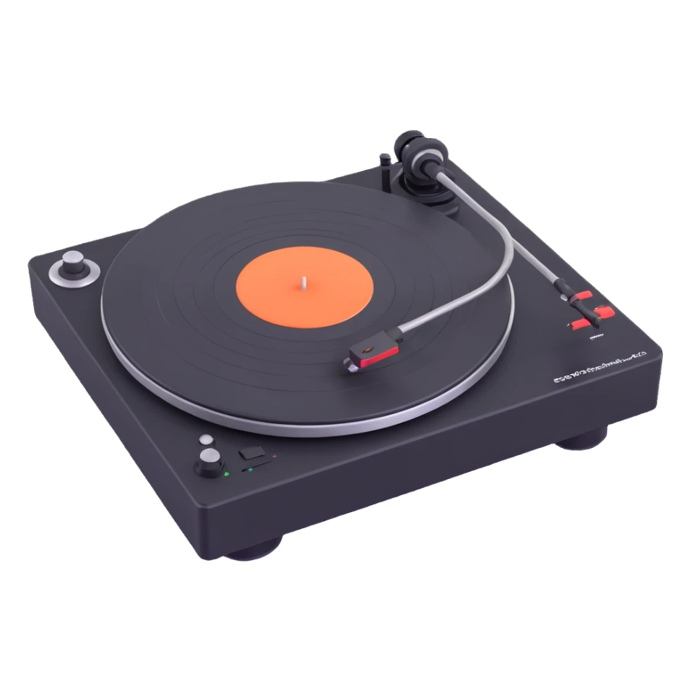 Technics-style turntable in 3D, Disney Pixar animation style, playful rounded features, vibrant colors, predominantly black color scheme sticker