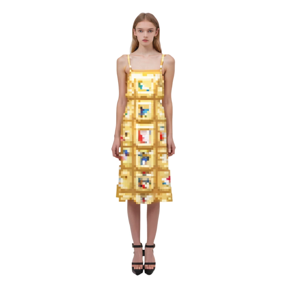 Make the dress butter yellow with thin straps, keep the pixel art style, no background. sticker