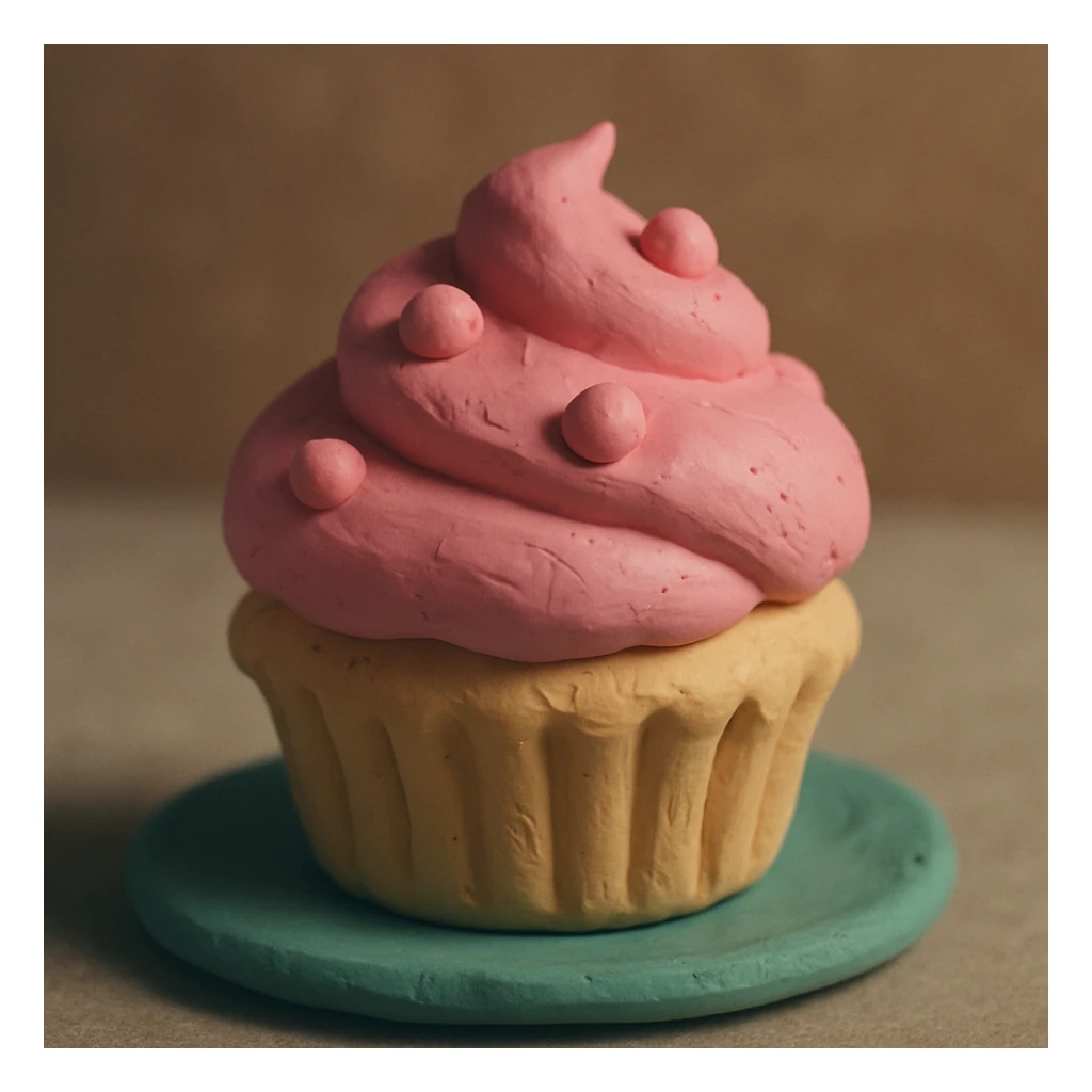 A claymation illustration of a cupcake with pink icing sticker