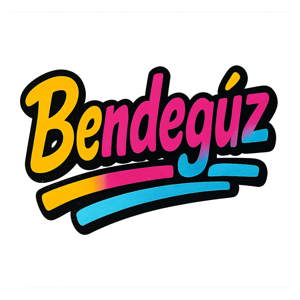 modern colorful gradient typography of the name Bendegúz with dark outline, dynamic slanted or partial underline, transparent background, in the style of sample images sticker