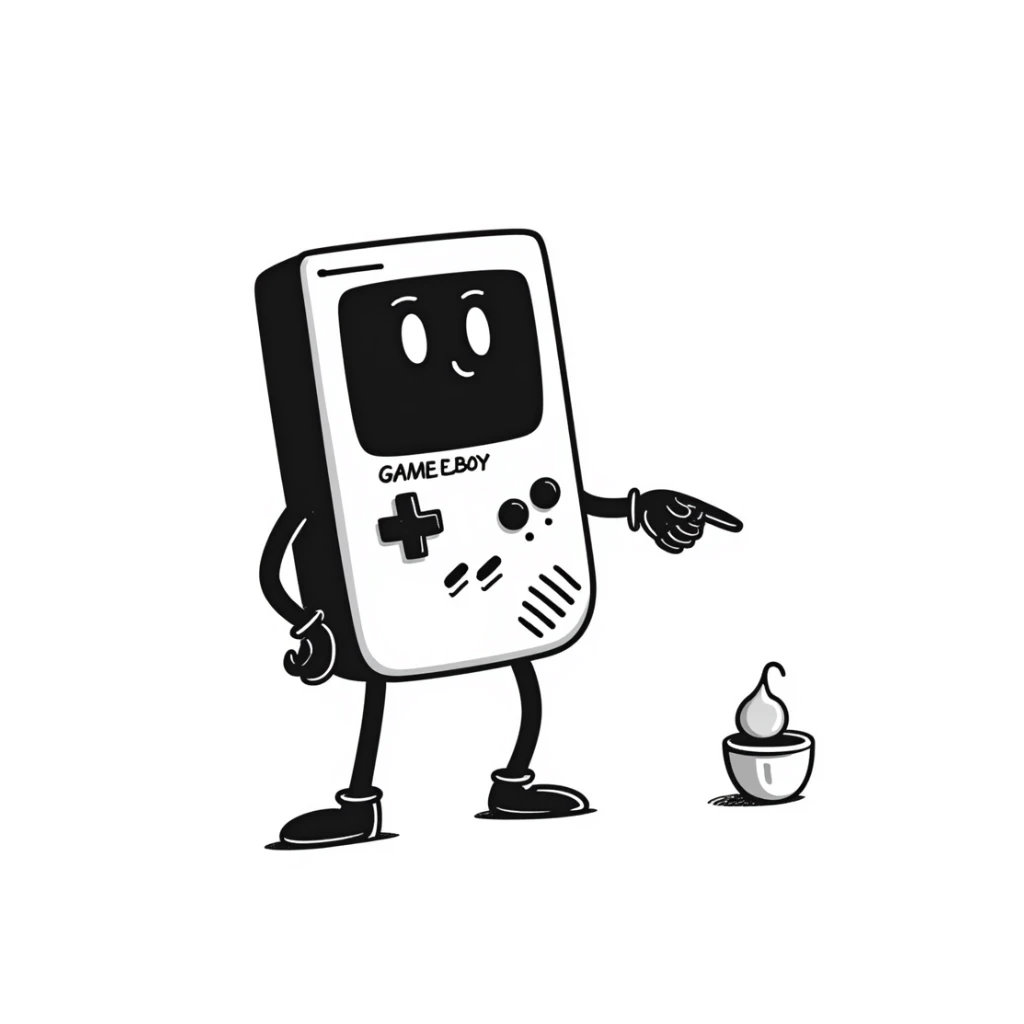 1930s style cartoon gameboy console character, cuphead-style, in black and white, on a plain white background, pointing at something.

 sticker