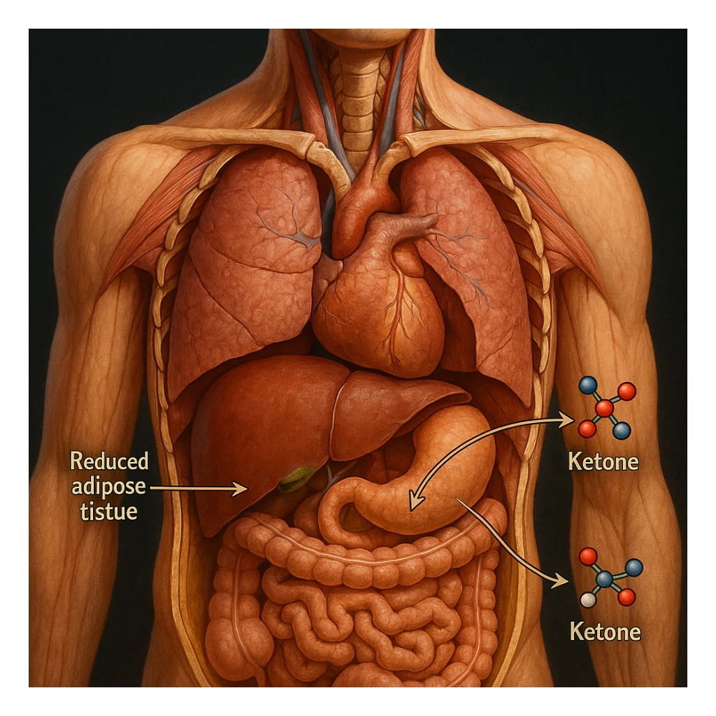 human body in 4K, cross-section, highlighting reduced adipose tissue and liver converting fats into ketones, stylized fatty acid and ketone molecules sticker