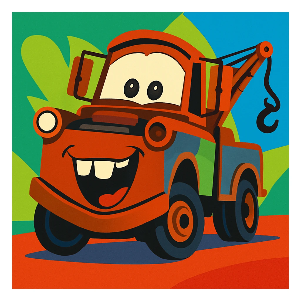 Mater from Cars with exaggerated goofy expression, vibrant colors sticker