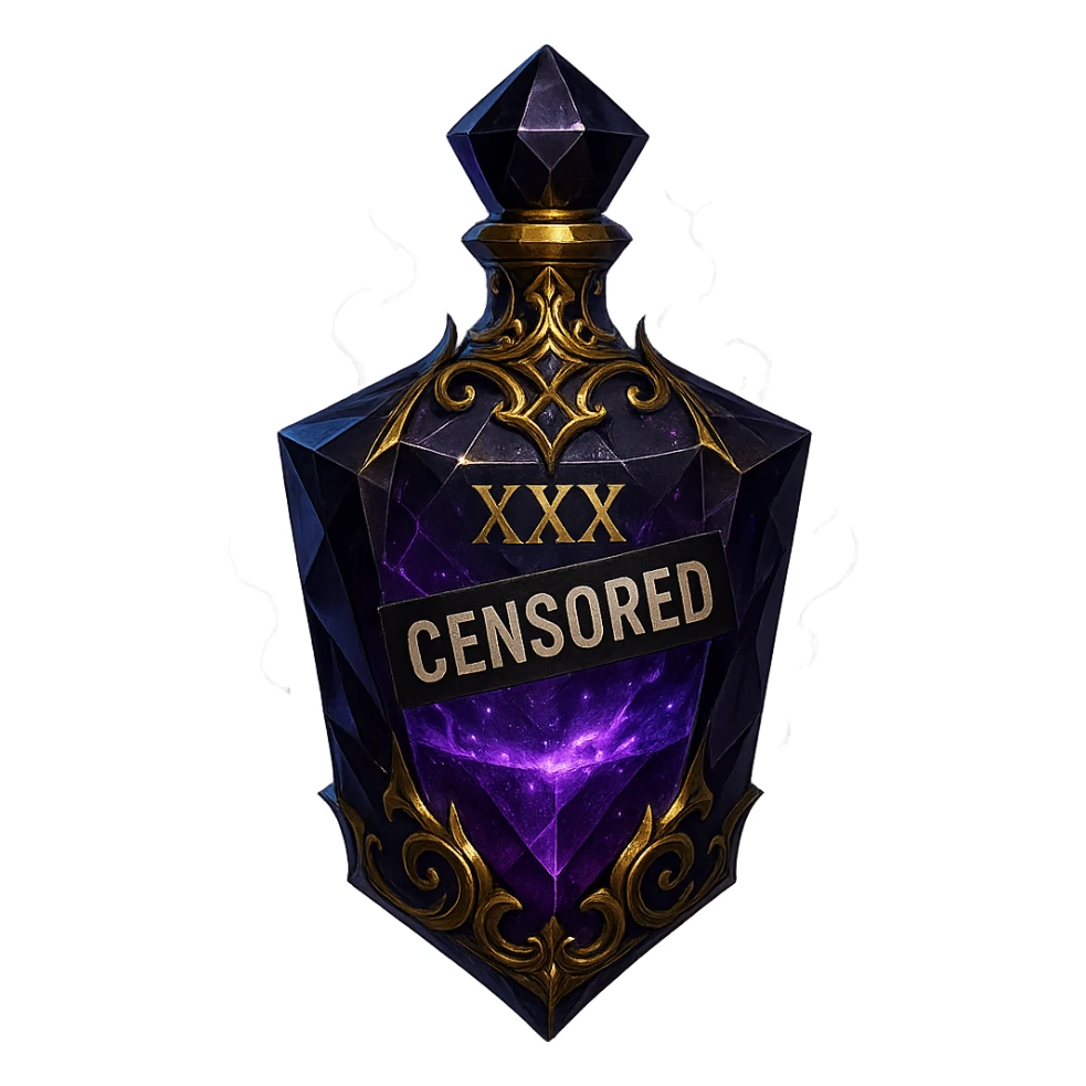 crystal luxurious elixir bottle with edgy forbidden elixir vibe, bottle has censored words or labels like 'XXX' and 'CENSORED', dark colors, lots of glowing, edges, ornaments, golden details, magical effects, very small golden neck, transparent background, beautiful seamless bottom, bottle clearly floating in air, no base or shadow, very luxurious, edgy, fitting a collection sticker