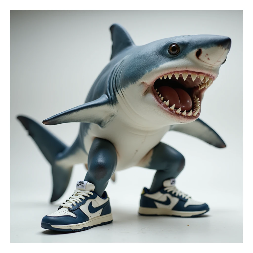 a realistic shark wearing Nike-style sneakers, natural shark appearance, dynamic pose sticker