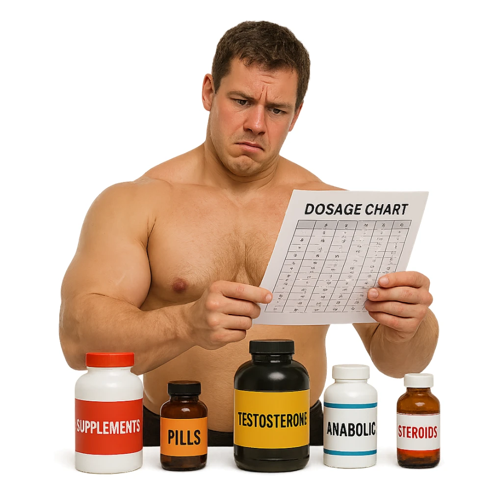 realistic inexperienced bodybuilder consulting complicated dosage chart, surrounded by bottles with different labels, puzzled expression, swollen but undefined muscles, white background, 4K quality sticker