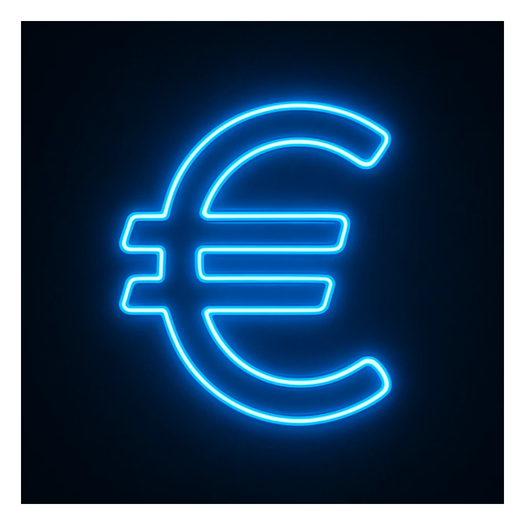 Euro sign (€) emoji, neon-blue style, electric-blue glow, smooth lines, techy aesthetic, dark background. sticker