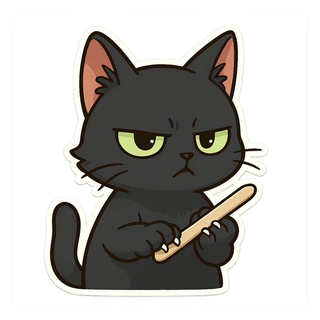 A black cat with an impatient expression is sharpening its claws with a nail knife sticker