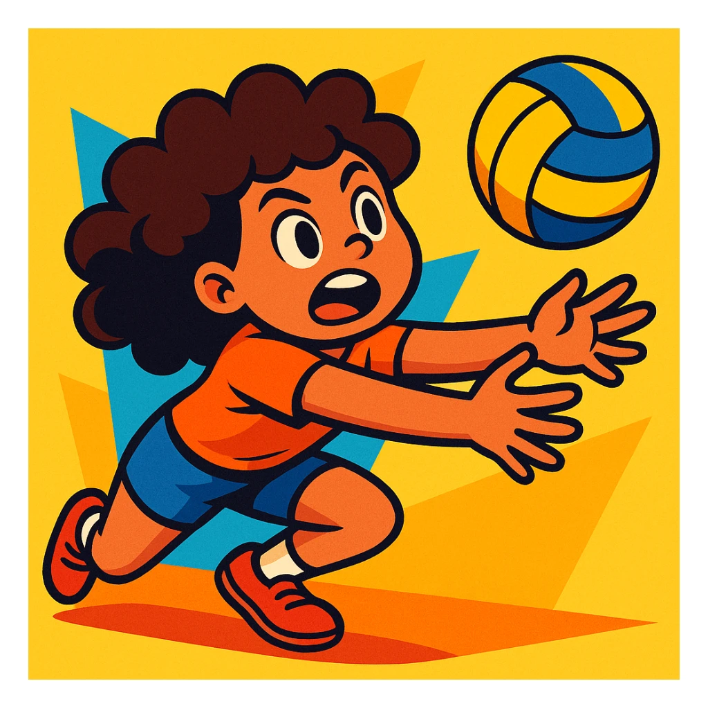 curly haired girl playing volleyball, diving for the ball, expressive face sticker