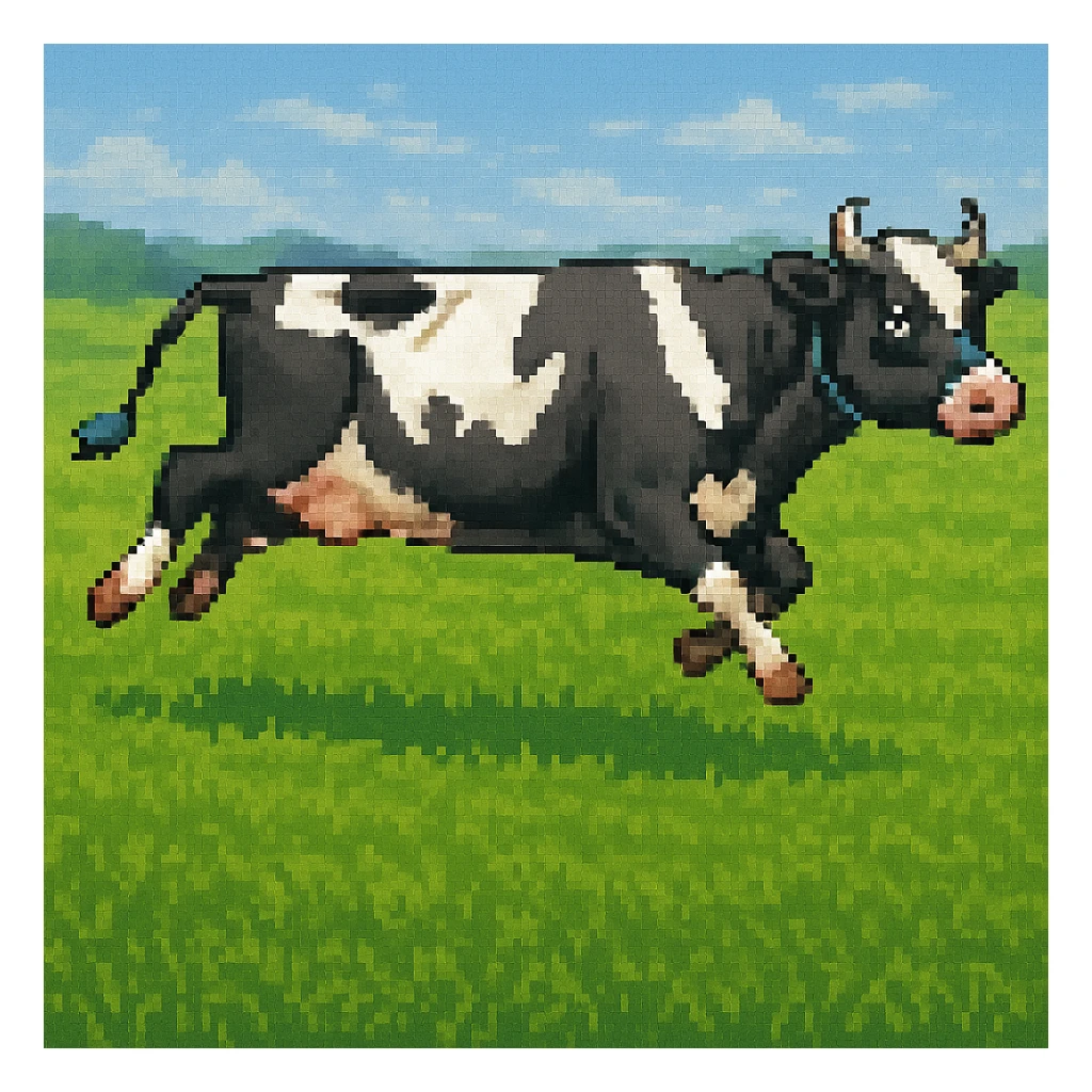 Make the image have a green grass field background in the style of pixel art sticker