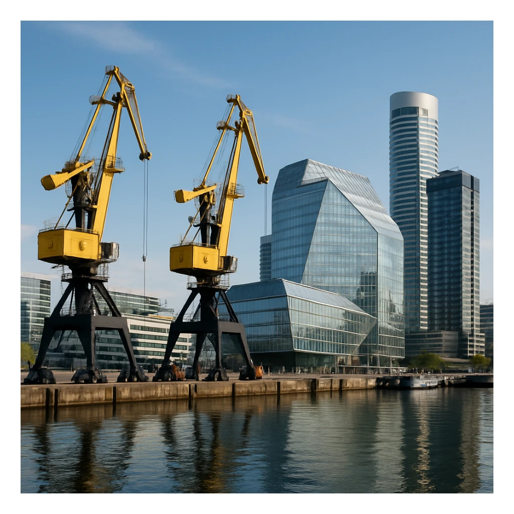 photorealistic port with industrial cranes, modern architecture sticker