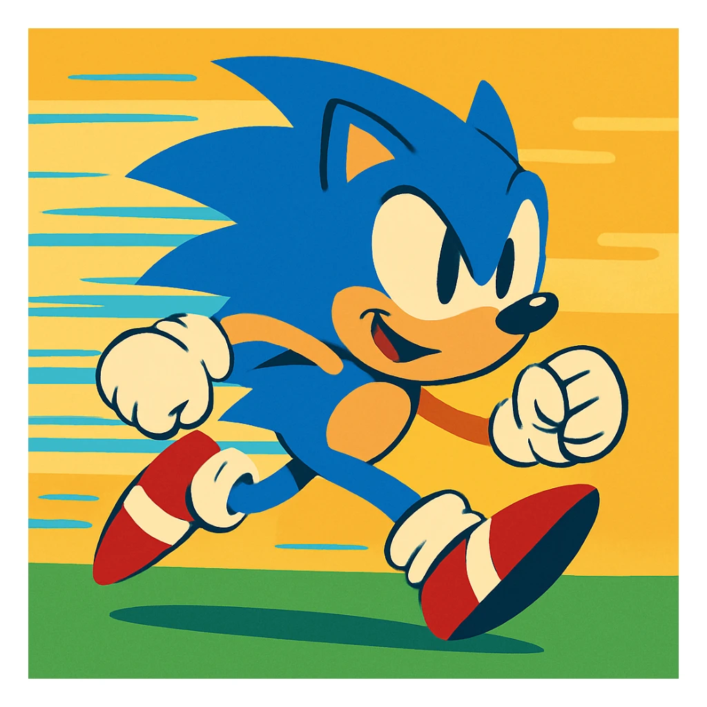 Sonic the Hedgehog, running fast, motion blur, bright blue, cartoon style sticker