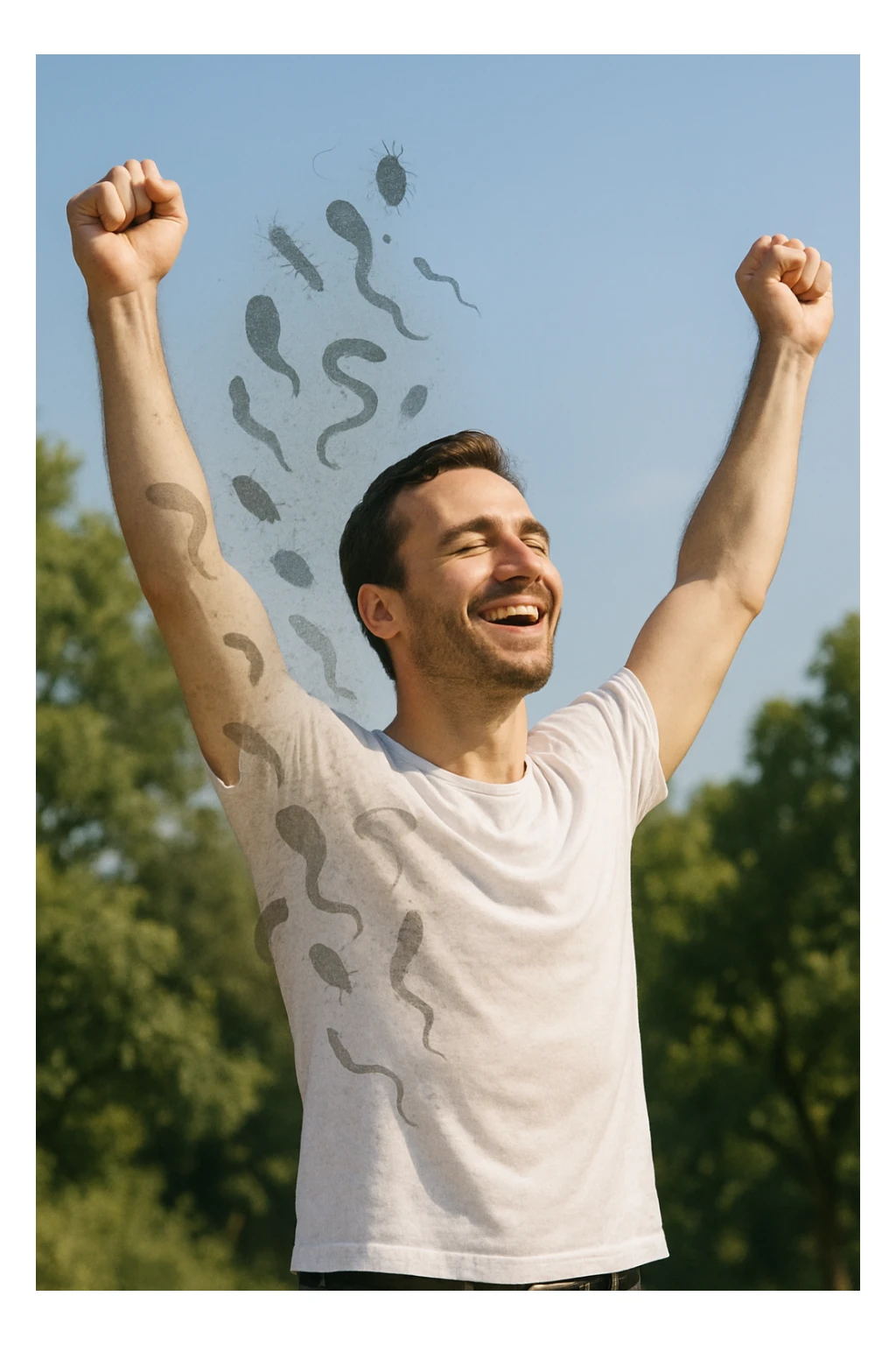 a man stands outdoors in bright sunlight, arms raised in relief and joy, while faint, shadowy silhouettes of parasites fall away from his body and dissolve into the air. His posture is upright and energetic, his expression serene and healthy. The background features green trees and a clear sky, emphasizing liberation and restored well-being. sticker