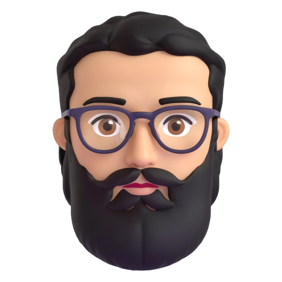 man with medium black beard, black hair, connected eyebrows, olive tan skin, brown eyes, and glasses sticker