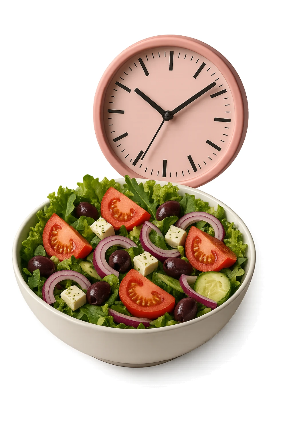 bowl con insalatona e orologio da muro rosa che le fluttua dietro che simboleggia una cena fatta in ritardo iperrealistici sticker