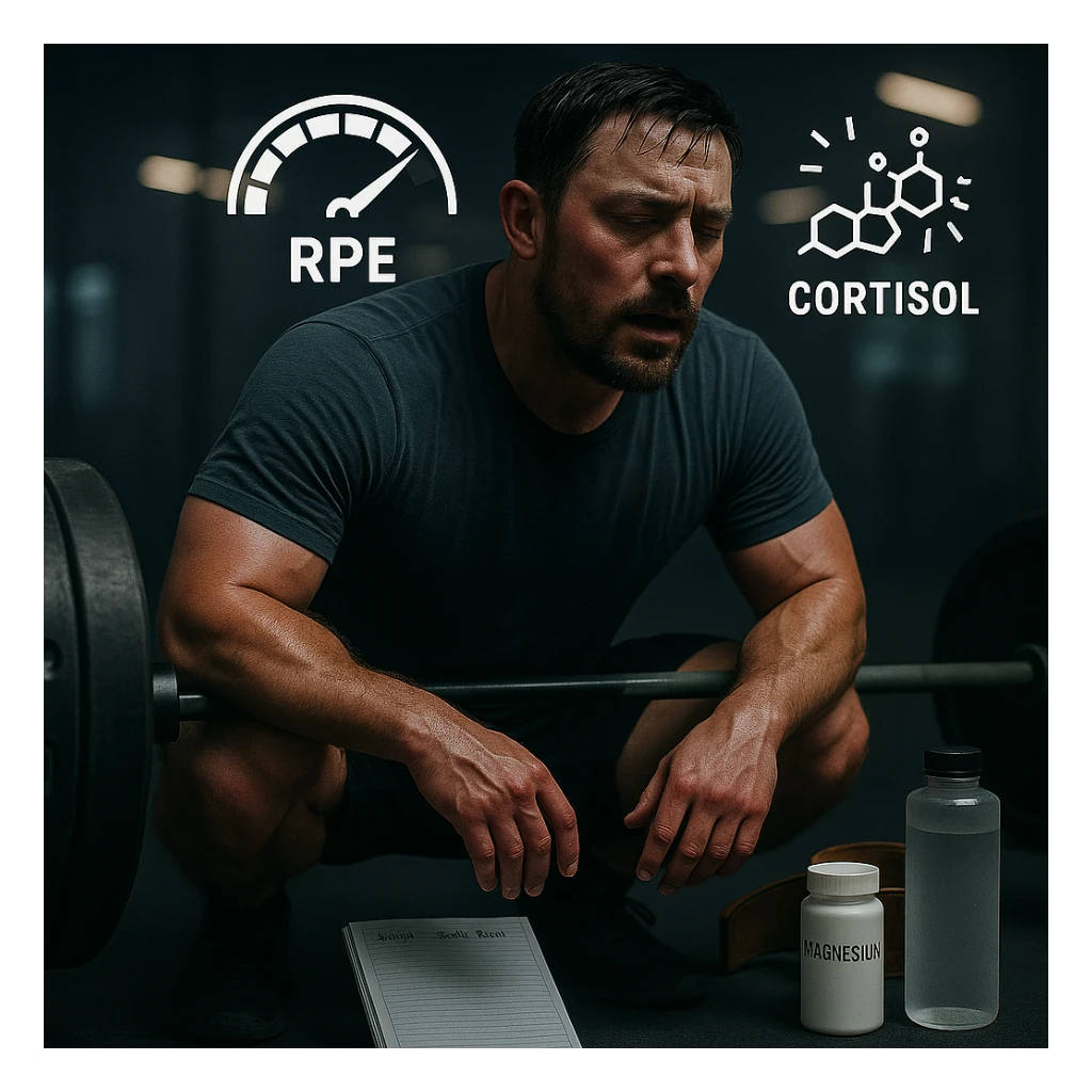 Add floating icons above the head indicating high RPE and cortisol, maintaining the cinematic style and palette. sticker