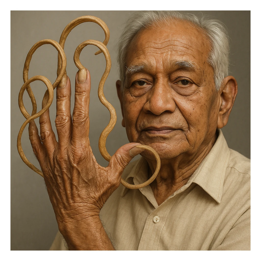 Shridhar Chillal, an elderly Indian man, showing his left hand with extremely long, curled fingernails, realistic style, neutral background sticker