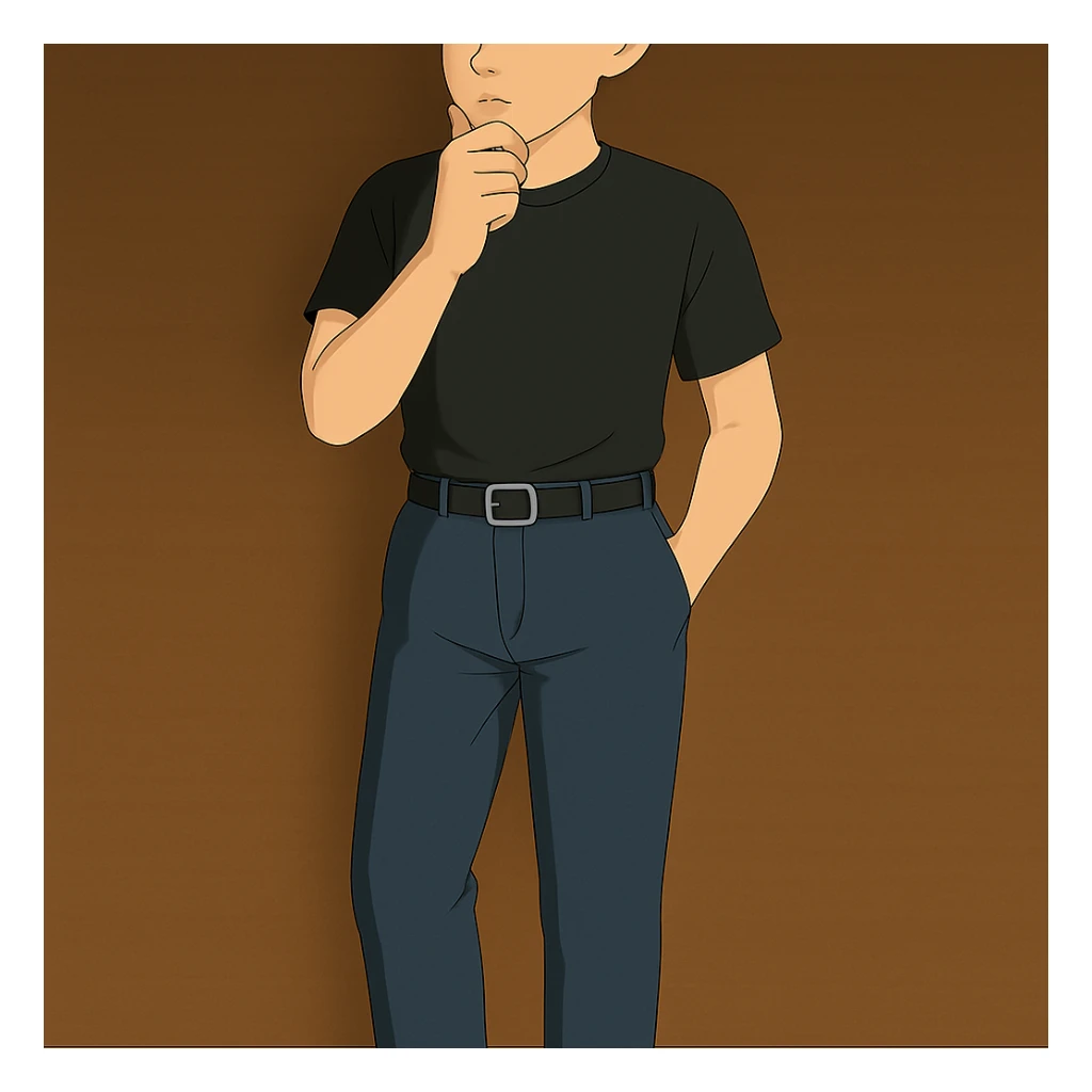 Show the man in the same outfit, full body visible from head to feet, standing and thinking with his hand on his chin. sticker