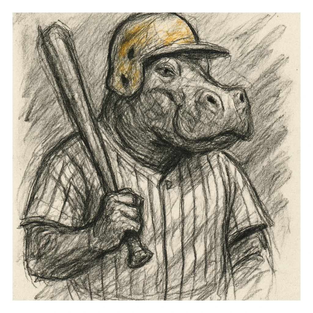 hippo holding a baseball bat, wearing a yellow helmet, pinstripes outfit sticker