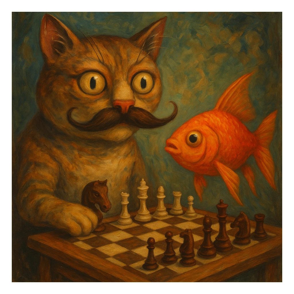 absurd surreal style cat with a human mustache playing chess with a goldfish sticker